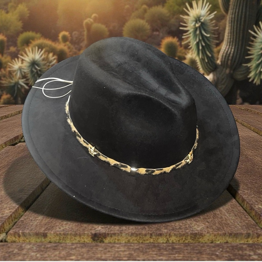 Stylish Black Wide-Brim Fedora Hat with Leopard Band NWT - Picture 3 of 14